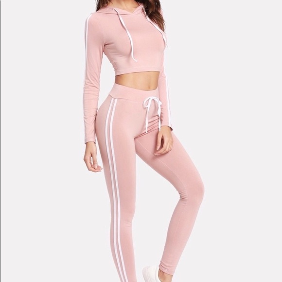 SHEIN Tops - Pink Striped Side Crop Hoodie with Legging Set